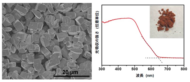 今回開発した酸硫化物微粒子光触媒（Y2Ti2O5S2）の電子顕微鏡写真（左）と吸収スペクトル（右）を表した図
