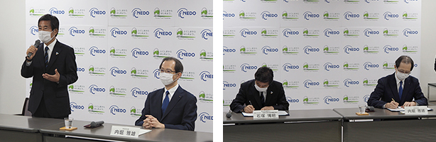 Photo of NEDO Chairman ISHIZUKA Hiroaki and Fukushima Prefecture Governor UCHIBORI Masao at signing ceremony