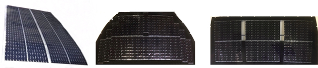 複数の太陽電池セルにより構成された太陽電池パネル。左からルーフ、フード、バックドア。