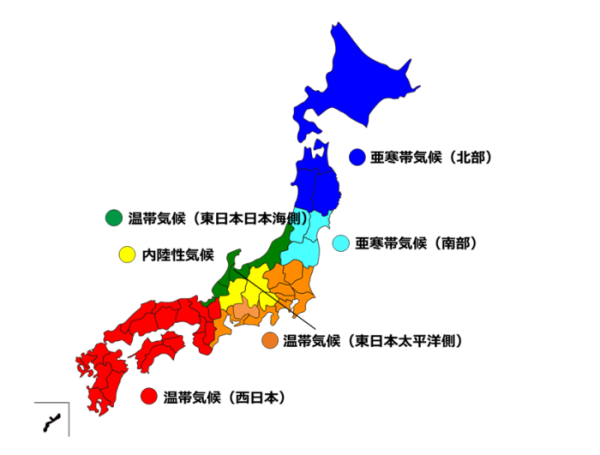 研究開発項目1の”エネルギーの森”実証事業で説明している日本の気候区分6つを表した日本地図