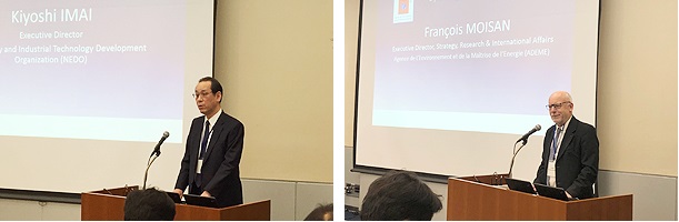 Photo of NEDO Executive Director Kiyoshi Imai (left) and ADEME Executive Director Francois Moisan (right) delivering opening remarks