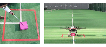 着陸精度実験結果の一例　1m×1mの枠内をターゲット　幅数cmの白線上にピンポイントで着陸する写真