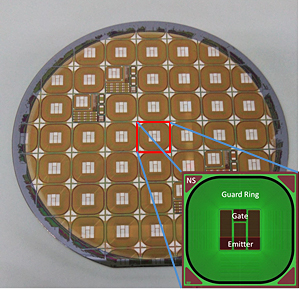 直径3インチ基板上に試作した絶縁ゲートバイポーラトランジスタ（IGBT）の写真