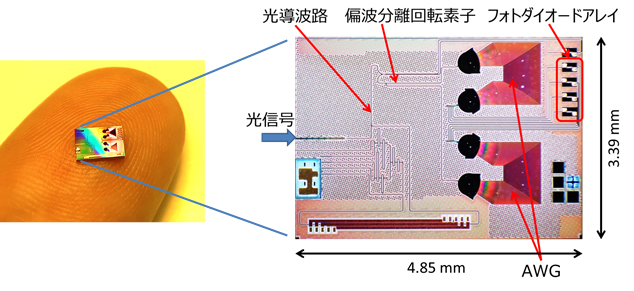 開発した超小型の4波長多重光受信チップの図