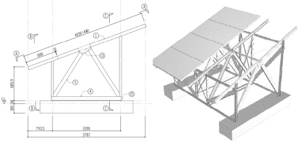 地上設置型太陽光発電システムの構造設計例のアルミ合金製架台（一般仕様）を表した図