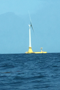 Photo taken during visit to NEDO next-generation floating offshore wind power generation system off coast of Kitakyushu City