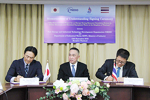 Photo of NEDO Executive Director Kukita and DIW Director General Thongchai signing MOU