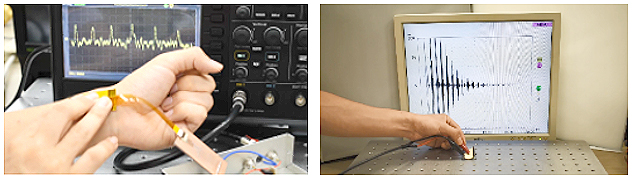 図5　ゾルゲル複合体圧電センサーによる脈波取得（左）・超音波探傷（右）の写真