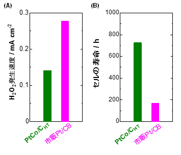 （A）開発したPtCo／CHT触媒と市販Pt／CB触媒での過酸化水素（H2O2）発生速度の比較。（B）燃料電池単セル加速劣化試験でのセルの寿命比較。