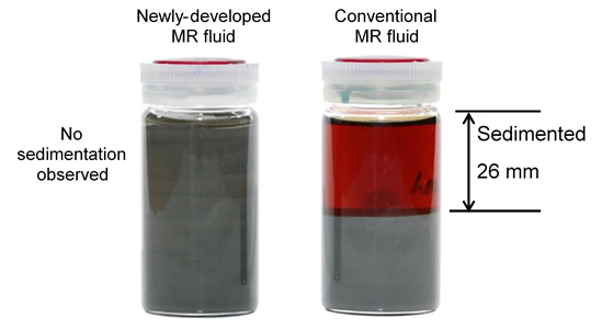 Sedimentation Separation Comparison between Newly Developed MR Fluid (left) & Conventional MR Fluid (right) (after a lapse of 180 days)