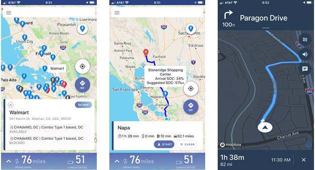 「EV Co-Driver」の運用イメージ　（左）マップ画面、（中）ルート画面、（右）ナビ画面