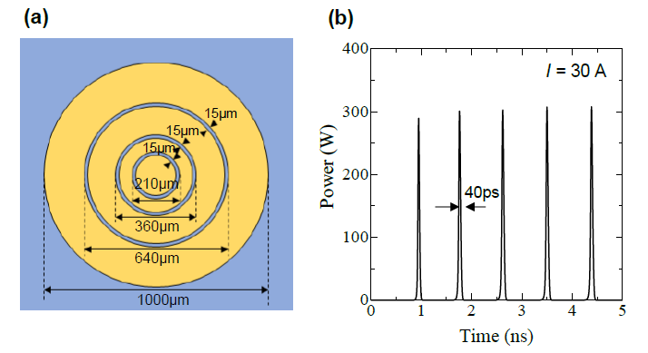 （a）数100W級のピーク出力を実現可能な短パルスフォトニック結晶レーザーの設計構造、（b）設計デバイスの光出力の時間変化の計算結果の図