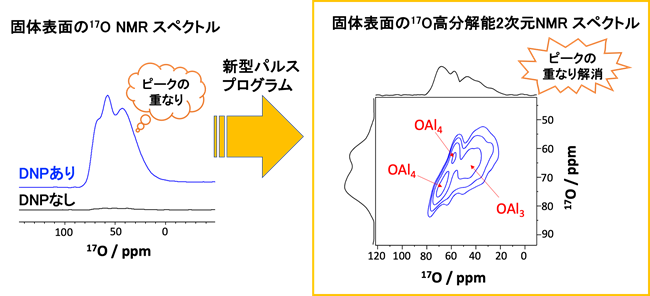 新型パルスプログラムにより実測されたγ―アルミナの固体表面17O高分解能2次元NMRスペクトル図