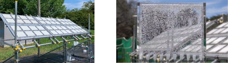 図5　3平方メートル規模の光触媒パネル反応器（左）と100平方メートル規模の光触媒パネル反応器から生成した水素と酸素の混合気体（右）