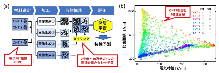 今回開発したAI技術によるCNT膜の仮想実験（a）とさまざまなCNT膜の物性予測（b）