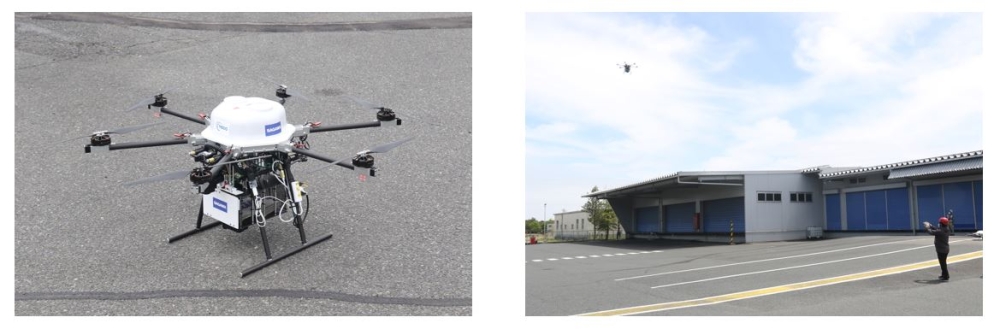 図3　AIドローンの外観（左）および離陸状況（右）の画像