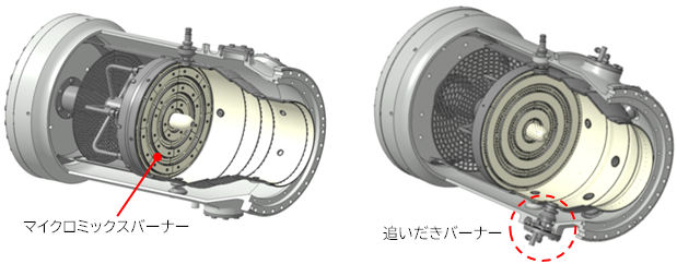 図2　マイクロミックス燃焼器（左：2020年）とマイクロミックス＋追いだき燃焼器（右：2022年）の画像