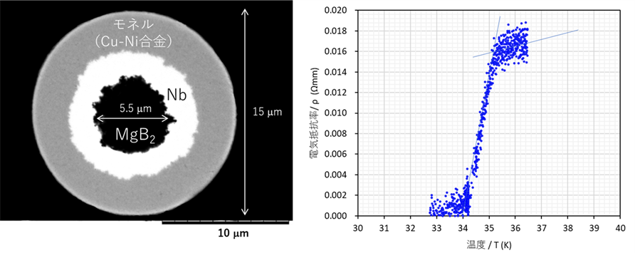 直径15マイクロメートルの超極細MgB2超電導線の断面画像と超電導転移曲線グラフ