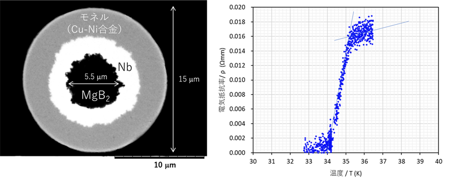 図2　直径15マイクロメートルの超極細MgB<sub>2</sub>超電導線の断面と超電導転移曲線の図