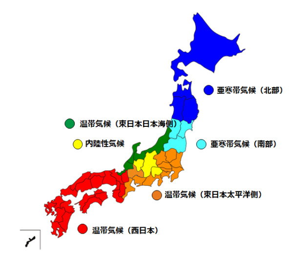 研究開発項目1の”エネルギーの森”実証事業で説明している日本の気候区分6つを表した日本地図