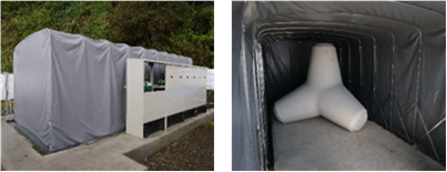 脱型後、CO2を吸収させる炭酸化養生槽中でのCUCOテトラ設置状況の写真