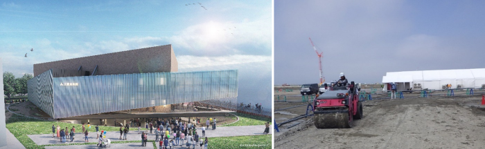 三菱未来館の完成イメージ画像と地盤改良の施工状況写真