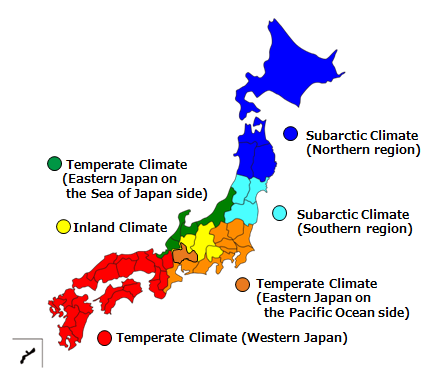 Map of Japan showing the six climate classifications of Japan as described in the demonstration on Energy Forest Project under the R&D Item [1]