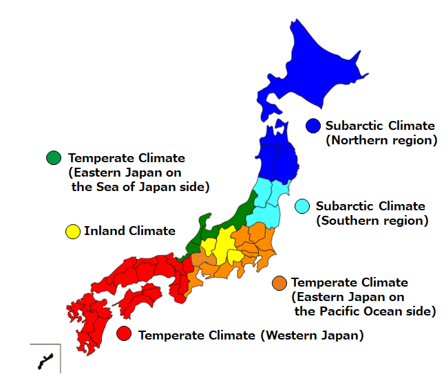 Map of Japan showing the six climate classifications of Japan as described in the demonstration on Energy Forest Project under the R&D Item [1]