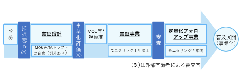 公募、採択審査、実証前調査、事業化評価、MOU/PA締結、実証事業、審査、定量化フォローアップ事業を経て普及展開を図る事業スキーム概要図